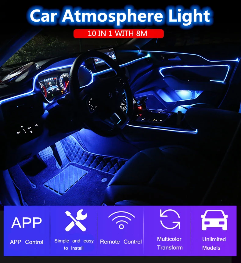 

10 in 1 RGB LED with 8M Interior decoration car fiber optic strip light by App Control 12V decorative atmosphere lamps Universal