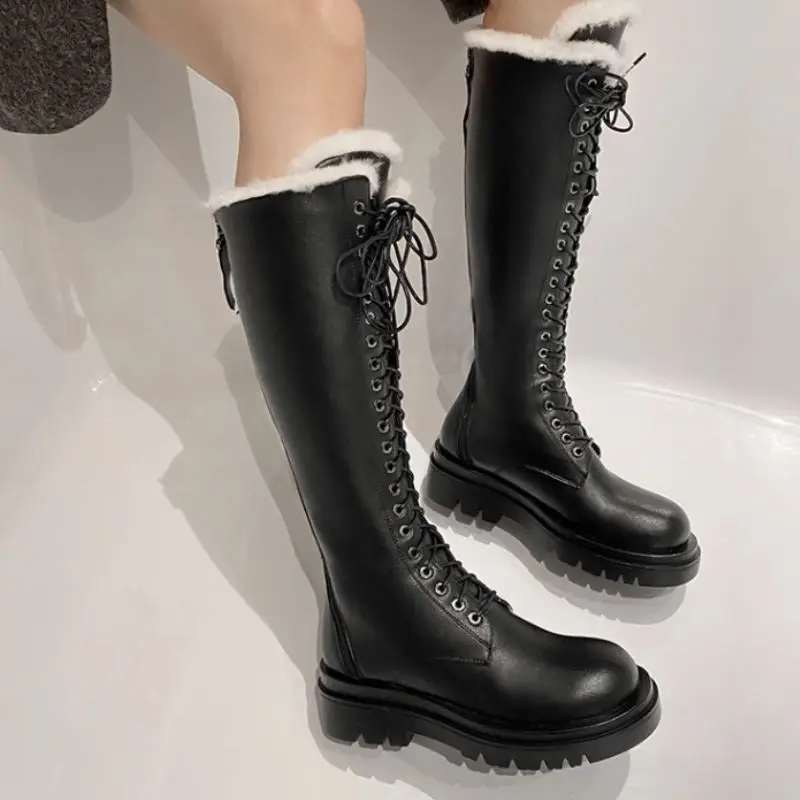 

Rizabina Women Knee Boots Warm Fur Fashion Platform Zipper Winter Shoes Women High Heel Snow Boot Thick Fur Footwear Size 34-43