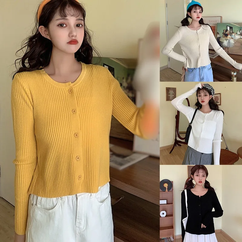 

Women's Clothes Ladies Autumn New Korean Style Short Button Knitted Cardigan Sweater Solid Colors One Size