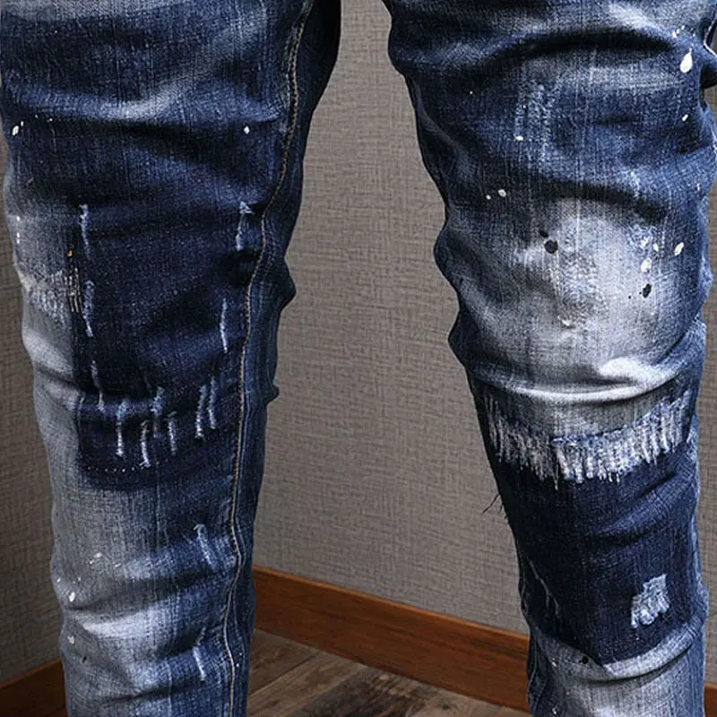 European American Street Fashion Men Jeans Retro Blue Elastic Slim Ripped Jeans Men Distressed Designer Hip Hop Denim Punk Pants