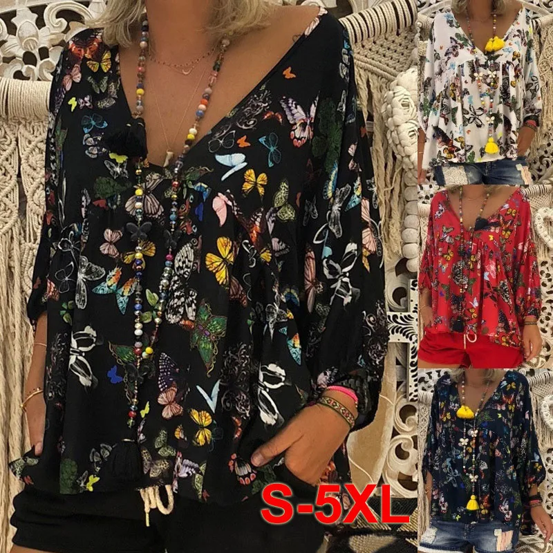 Женская блузка с бабочками Boho Повседневная рубашка длинным рукавом и v-образным