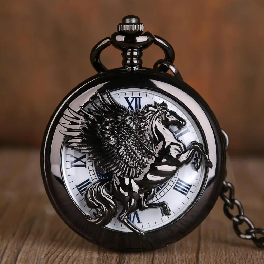 

Fantasy Pegasus Horse Mechanical Pocket Watch Hollow Steampunk Pocket Watches Skeleton Fob Chains Watches for Men Women