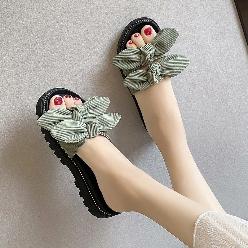 

Summer Women Slippers Bow Chunky Ladies Shoes Platform Wedges Mid Heels Bow Tie Peep Toe Outdoor Beach Shoes Zapatos De Mujer