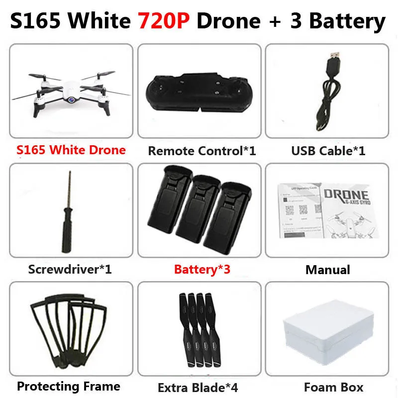 S165 720P White 3B S165 Профессиональный WiFi FPV Дрон с двойной камерой 4K антенна видео широкоугольный оптический поток RC Квадрокоптер Вертолет игрушка E58 SG106 - Цвет: S165 720P White 3B