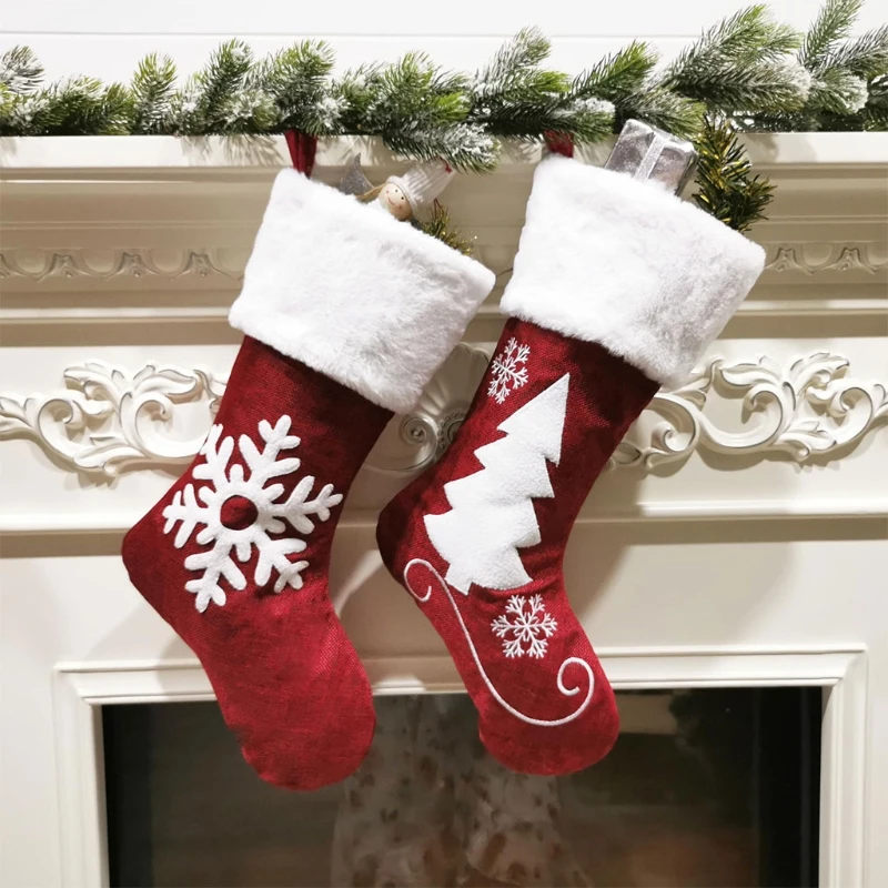 

4Pcs Christmas Stockings Reindeer Embroidery Plush Cuff Fireplace Hanging