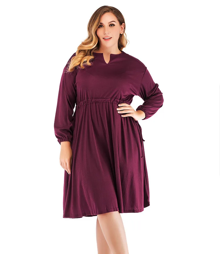 

Spring Autumn 2020 New Plus Size Dress Women's Clothing Solid Color V-neck Loose Swing High Waist Casual Dresses TA1699