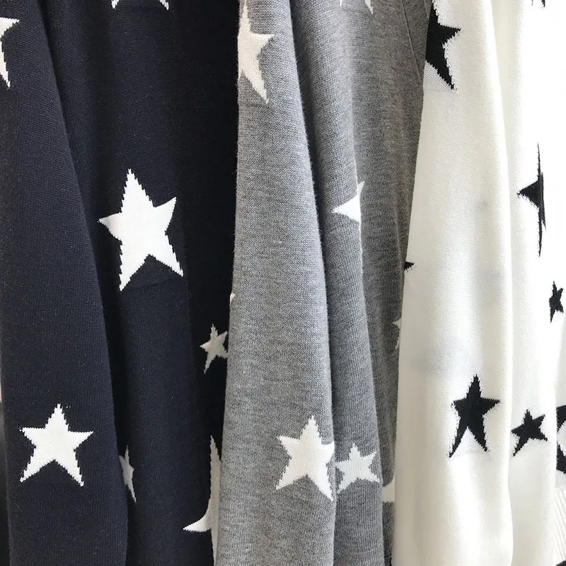 

Women Sweater 2021 Autumn New Wild Loose Casual Hit Color Five-pointed Star V-neck Sweater Wool Cardigan Jacket Women