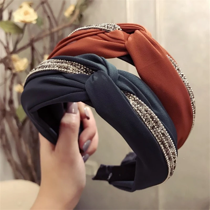 

Simple Solid color Wide Side Cross Knot Headband Inlay Rhinestone shining Exquisite Hair Hoop For Women Fashion Hair accessories