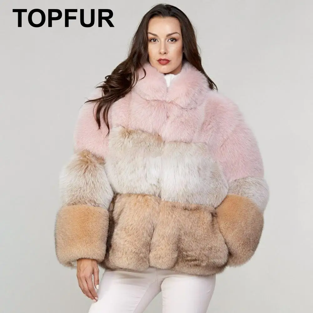 TOPFUR Fashion Colourful Coats Winter Real Fur Coat Women Natural Fox Fur Coats Bule Fox Fur Pink V-Neck Full Sleeves Coats enlarge