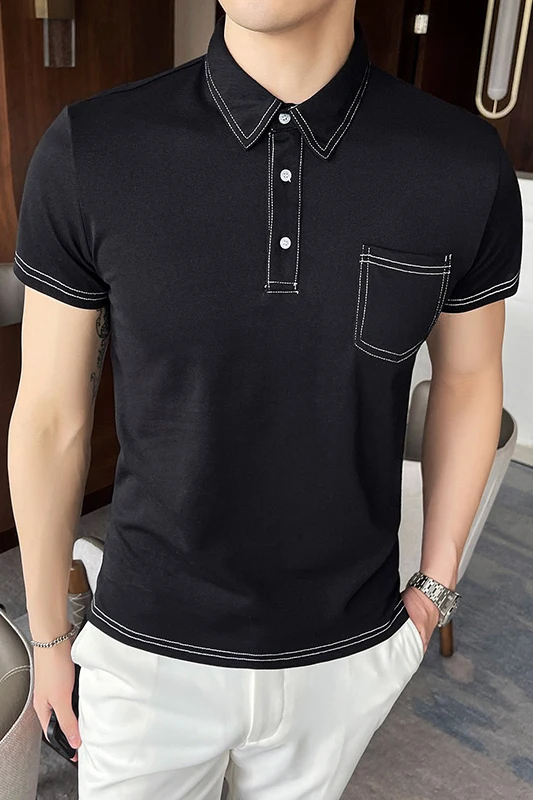 

2021 Summer Shirts British Knitting Slim Korean Shirt Solid Color Short Sleeve Business Casual Tee Tops Male Clothing