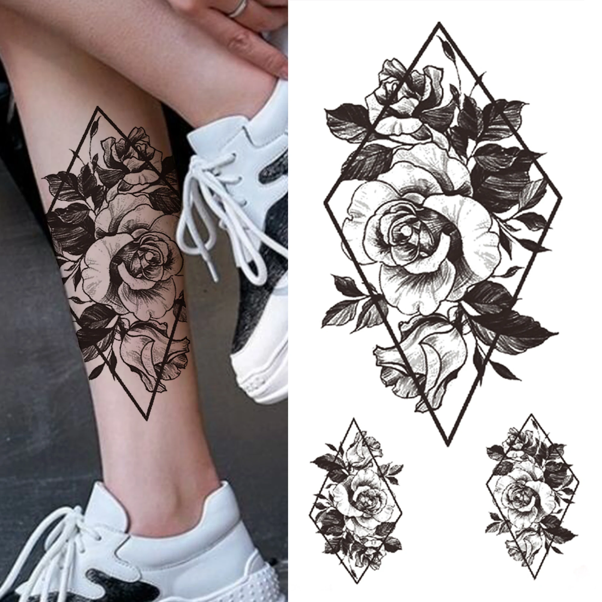 Black 3D Rose Temporary Tattoo For Women Girls Adult Peony Dahlia Flower Tattoos Sticker Black Flora Glory Geometric Arm Tatoos images - 6