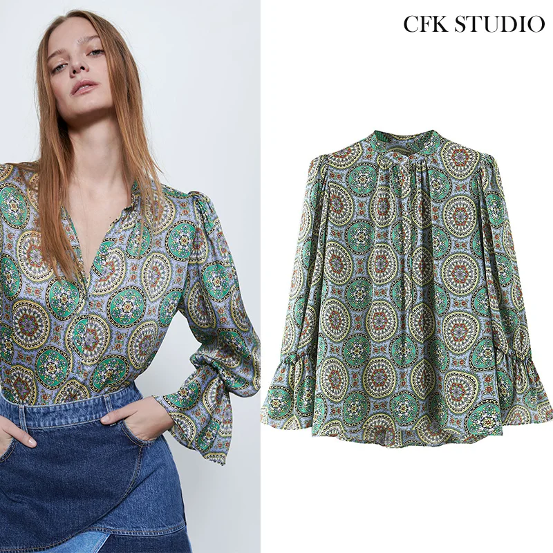 Женская шифоновая блузка Za Длинная зеленая Повседневная Свободная винтажная с