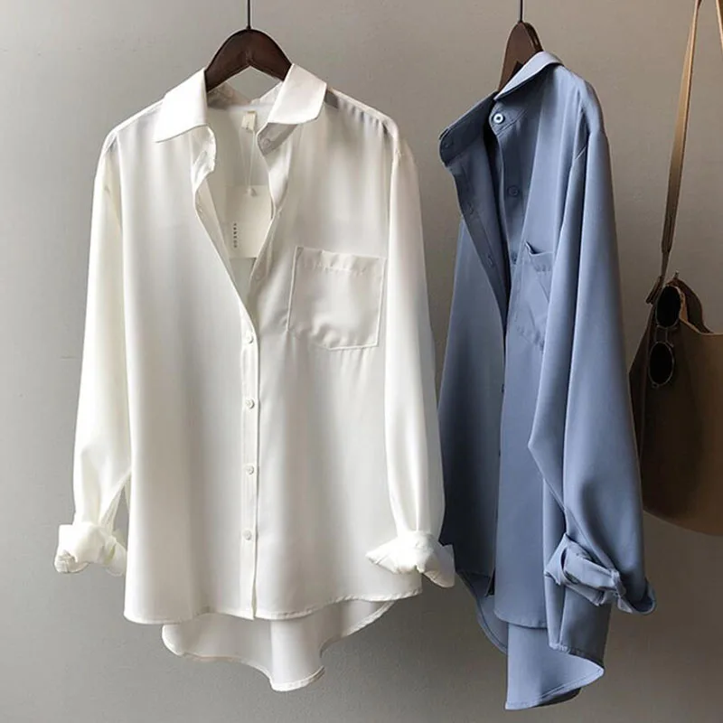 

Elegant Women Blouse Shirt 2022 Spring Autumn New Satin Silk Casual Loose White Shirts Womens Vintage Long sleeve Tops