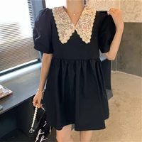 french chic floral doll collar black dress loose puff sleeves short loose women slim dresses