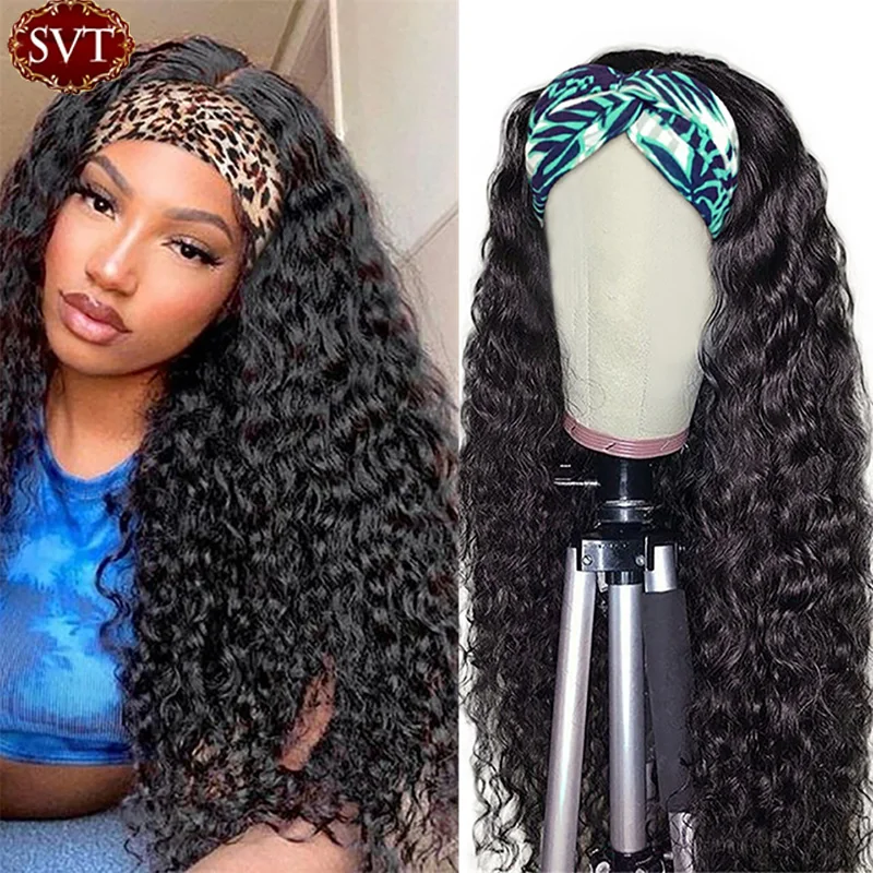 

SVT 180 Density Deep Wave Curly Headbands Human Hair Wigs Glueless Head Band Wigs Machine Made Wig Natural Color For Black Women