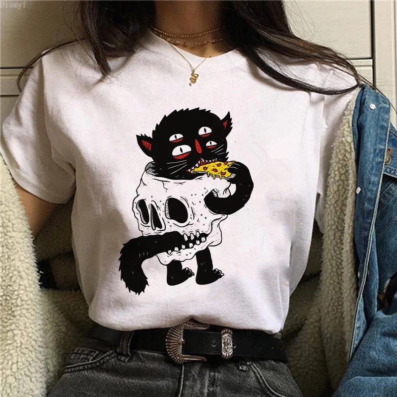 

Horror Skull And Cat Graphic Print T-shirt Women Harajuku Aesthetic White Tops Tshirt Tee 2021 New Korea Fashion Female T Shirt