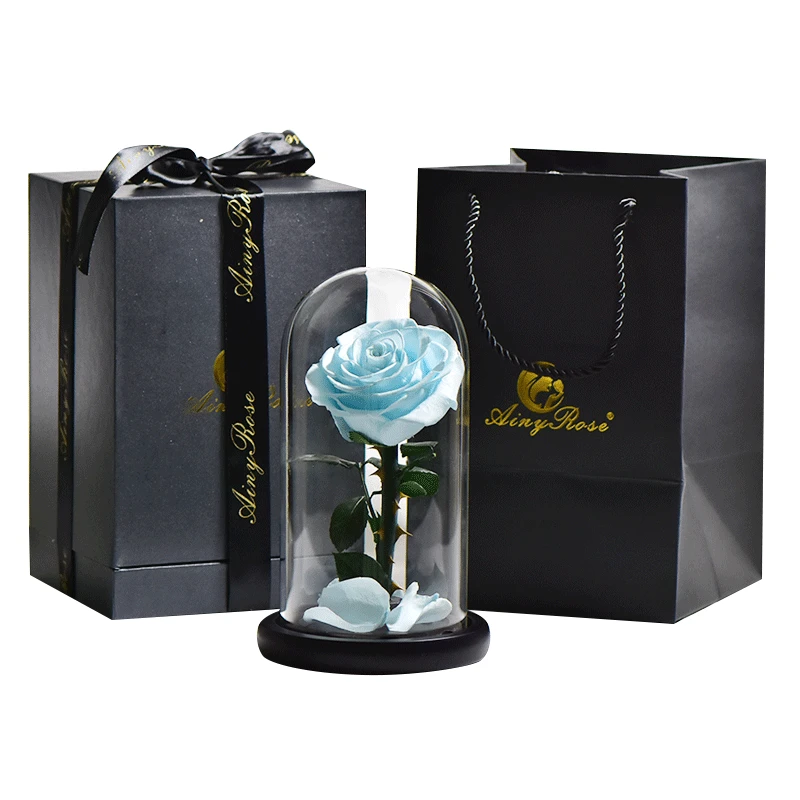 blue with gift box Искусственные цветы, красные розы, украшение, красота и чудовище, со стеклянным куполом, деревянная основа, искусственные цветы на год, подарки на день Святого Валентина - Цвет: blue with gift box