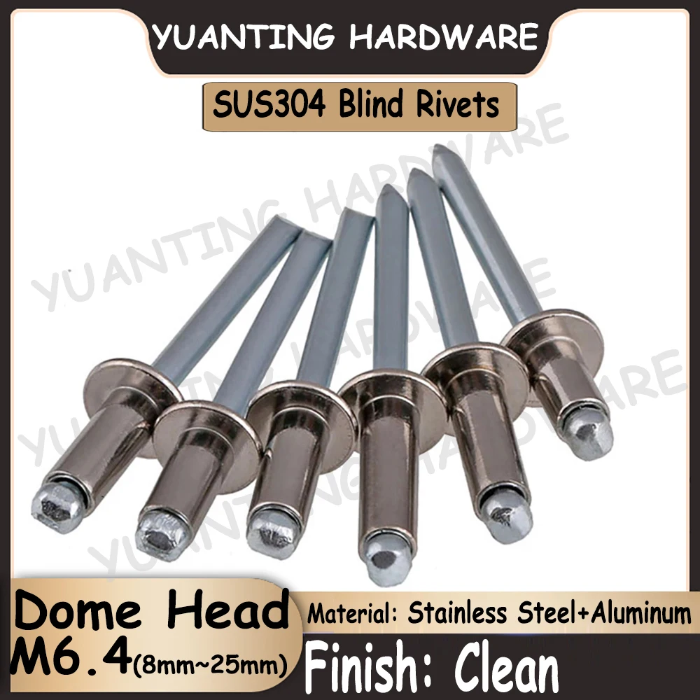 

5Pcs~10Pcs M6.4x8mm~25mm SUS304 Stainless Steel Head and Aluminum Core Pop Blind Rivet Round Head Self-plugging Rivet
