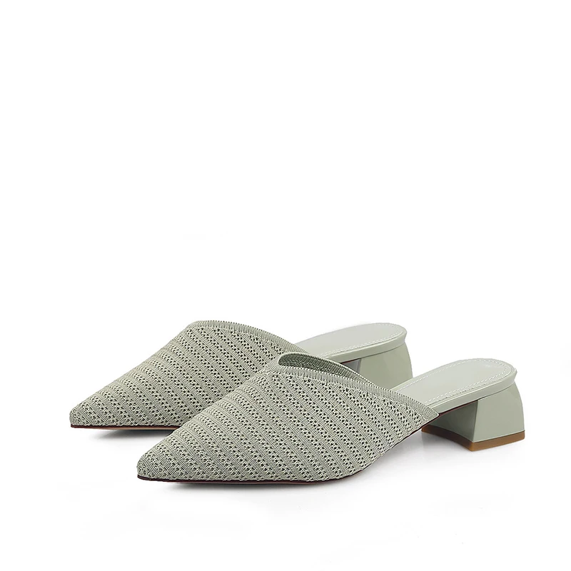 

2021 Hot Women Summer Pointed Toe Slippers Ladies Knitting Stretch Fabric Cone Heels Woman Shoes Female Casual Comfort Sandals