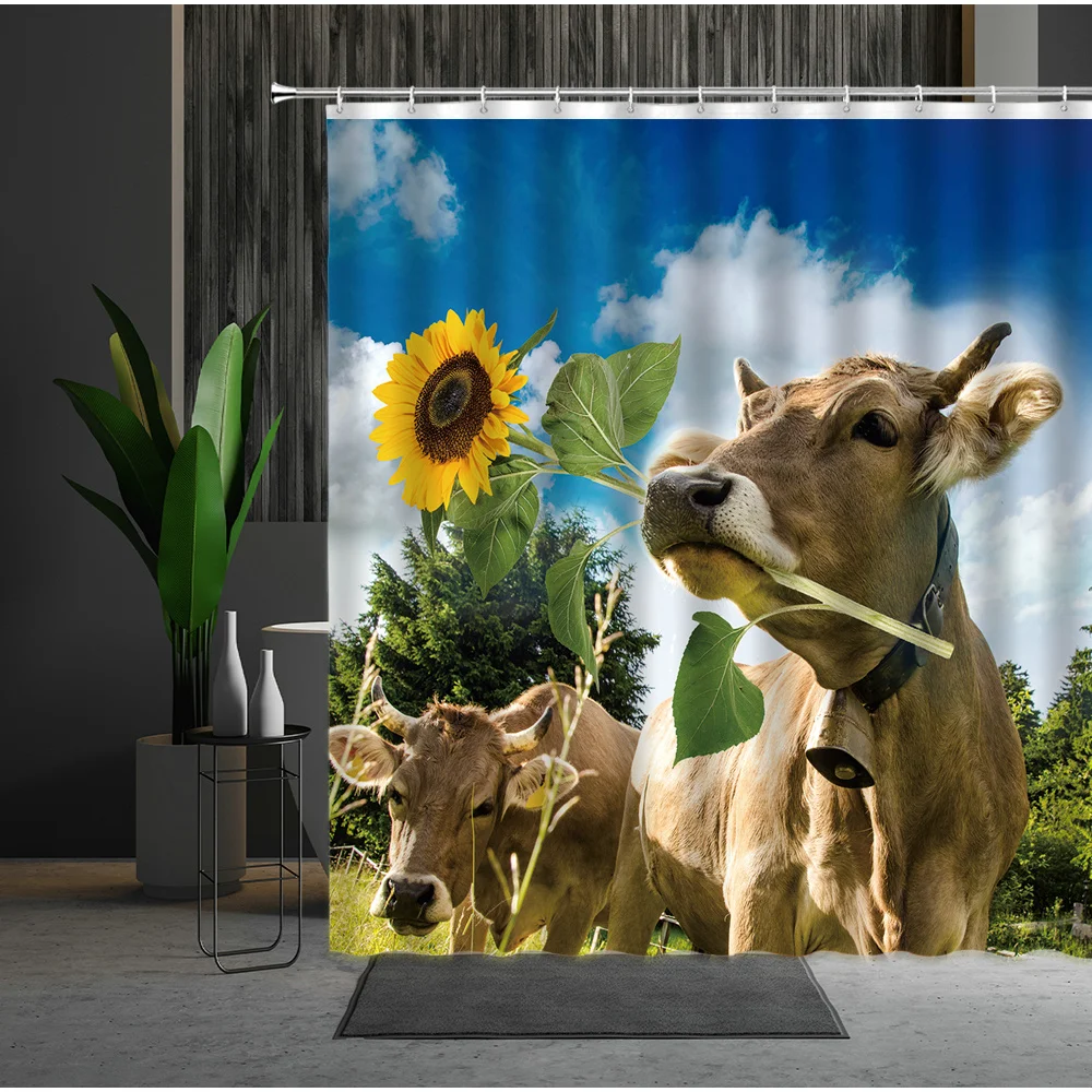 

Animal Shower Curtain Creativity Cows Cute Cattle Patterned Bathroom Partition Waterproof Cloth Hanging Curtains With Hooks