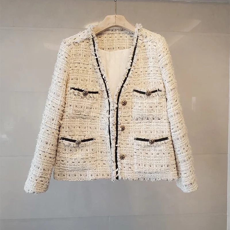 

Luxury Tweed Jackets Caots Women V-Neck Long Sleeve Elegant Casual Woolen Outwear Plus Size Loose Office Cardigans D264