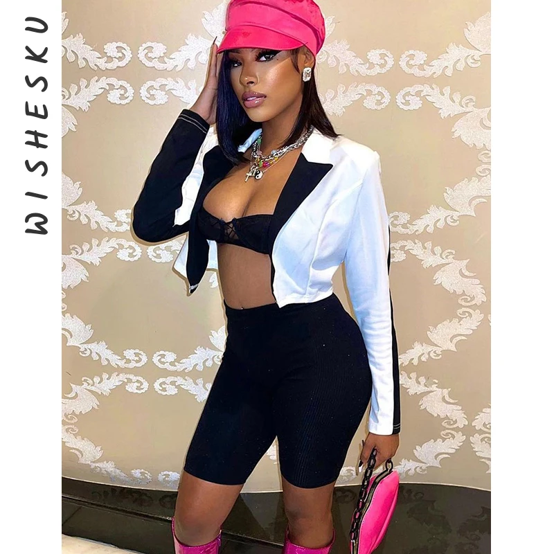 

Women Notched Collar Long Sleeve Color Blocking Cropped Jacket White Black Patchwork Punk Coat Streetwear 2022 Spring Fall