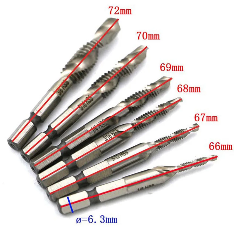 

6 Pcs 1/4 Hex Shank HSS Spiral Screw Thread Tap Taper Drill Bits Hand Tool Set