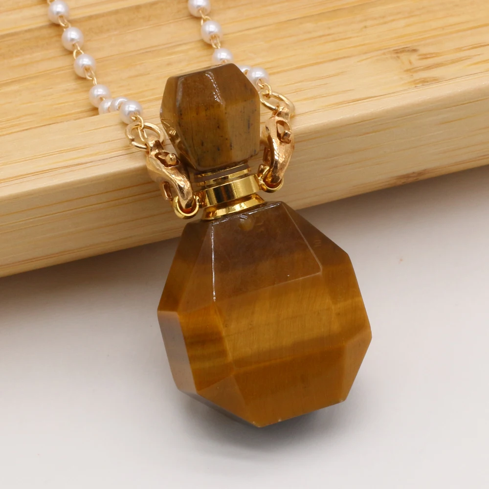 

Tiger Eye Stone Natural Semi-precious Stones Perfume Bottle Pendant Necklace Charm Pearl Chain Choker Necklace for Women Jewelry