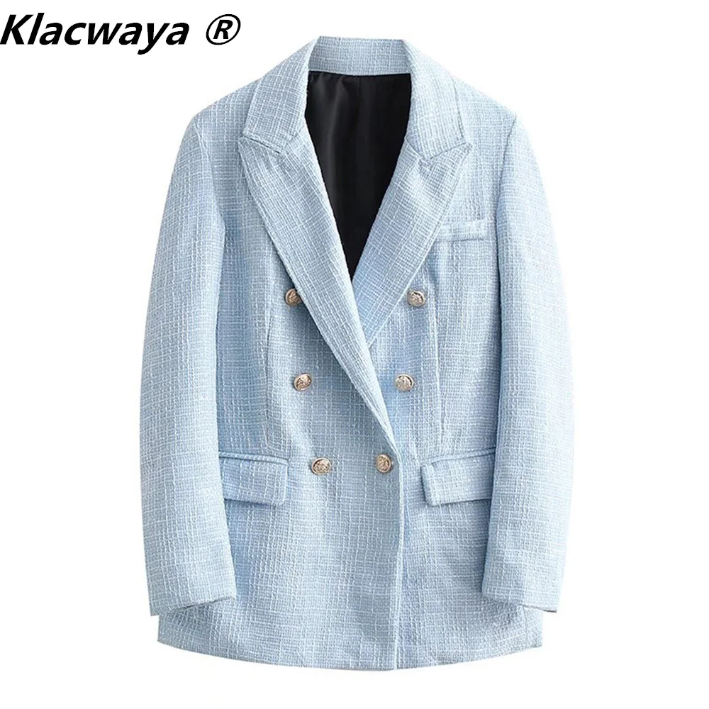 

Klacwaya Tweed Blazer Jackets For Women 2021 Double Breasted Office Lady Za Woman Checked Jacket Female Blazers Women Coat