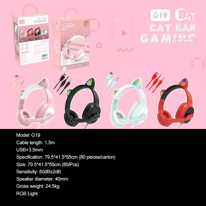 

Светящаяся гарнитура G19 с кошачьими ушками, проводная гарнитура RGB, трехцветные наушники светодиодный Ной подсветкой и микрофоном, удобные ...