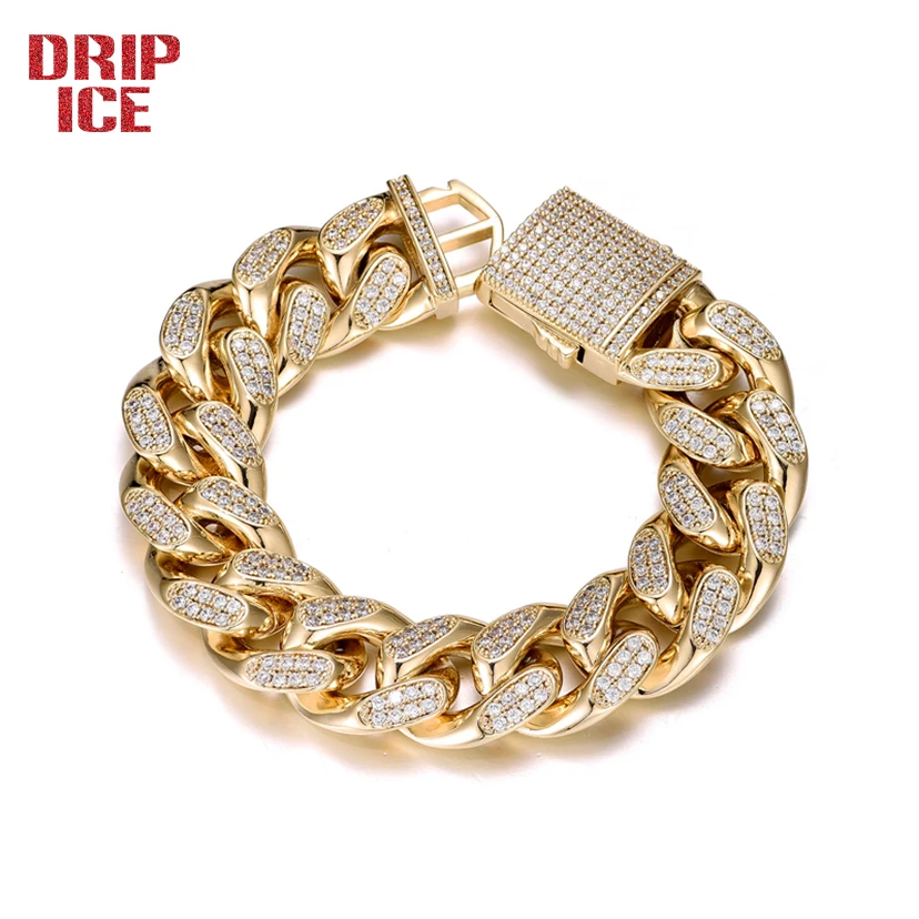 

DRIP ICE Hip Hop 19MM 2 Row Heavy Prong Clasp Box Buckle Link Cubic Zirconia Cuban Chain Bracelet Men White Gold Plated Jewelry