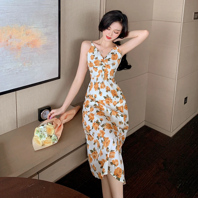 Летнее художественное ретро платье с цветочным принтом женское на талию тонкое