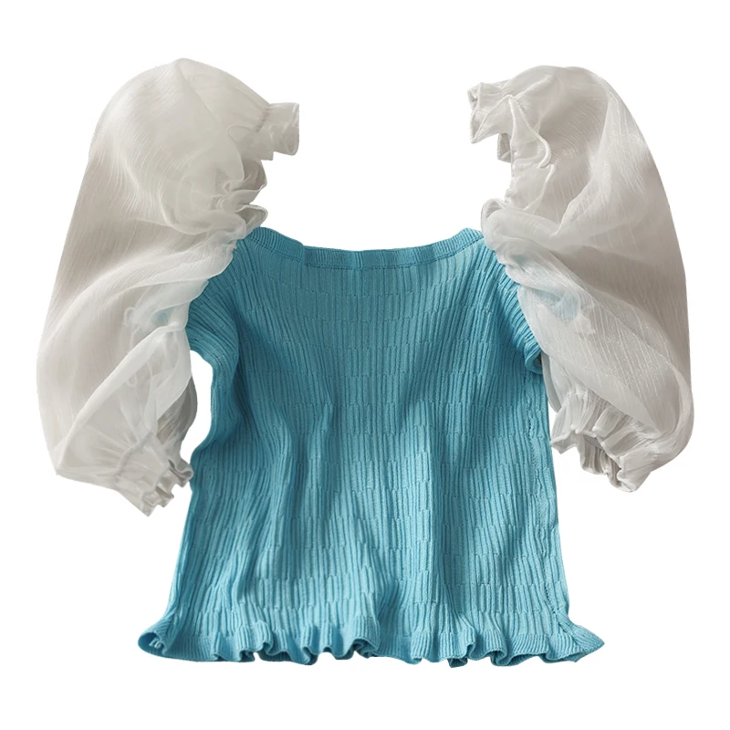 

Women Fashion Bodycon Knitted Chiffon Puff Short Sleeves Blouse Lady Sweet Casual Outdoor Top Girls Elegant Daily Basic Shirt