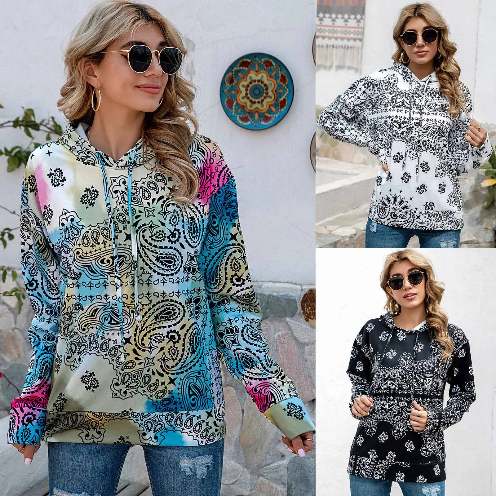 

Hot Selling Personalized Bohemian Printed Top Fashion Women's Hooded and Velvet Sweater