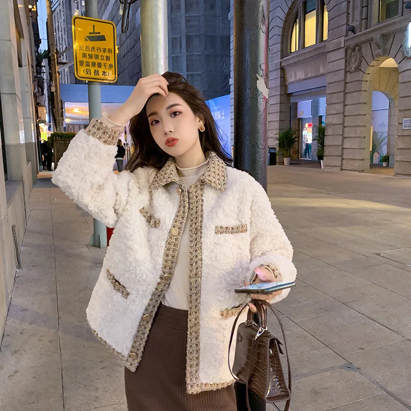 

Women Winter Solid Colorv Lapel Lamb Wool Single Breasted Splicing Temperament Thickened Fashion Fresh and Sweet Versatile Coat