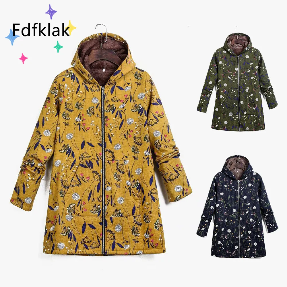 Fdfklak S-5XL Winter New Floral Jacket Women Cotton Linen Plus Velvet Thick Flower Print Vintage Hooded Warm Padded Coat