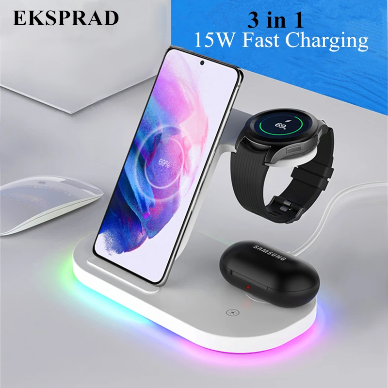 Wireless Charger Station Qi 15W Fast Charging Stand for Samsung Galaxy Buds S21 S20 Note 20 10 9 Galaxy Watch 3/Active 2/Gear S3