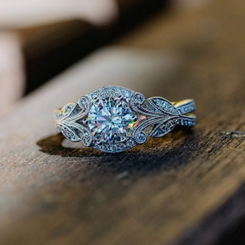 

Exquisite Women Metal Leaf Cubic Zircon Decoration Finger Ring Casual Party Engagement Wedding Princess Ring Jewelry