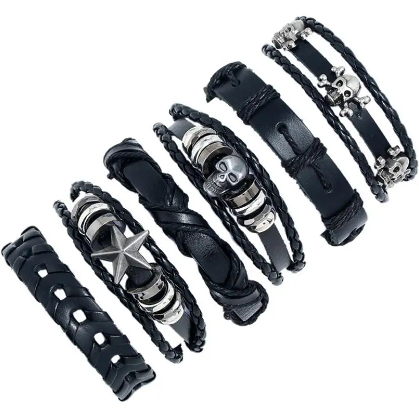 Poisonous Sign Skull Charm Leather Bracelet Set Multiplayer Black Braided Bangle Men Wristband Jewelry 6pcs/set | Украшения и