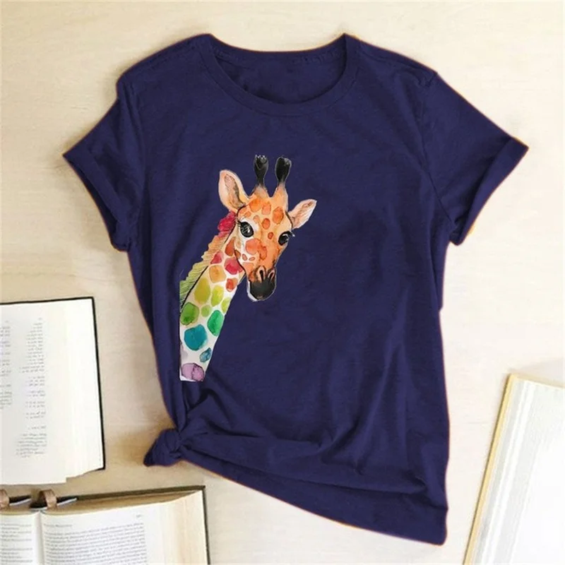 

Colourful Vivid Giraffe Print Women T Shirt Short Sleeve O Neck Loose Women Tshirt Ladies Fashion Tee Shirt Tops Camisetas Mujer