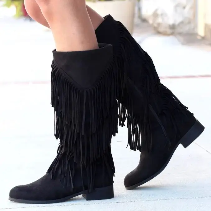 Модные зимние ботинки Boho Модная женская обувь из флока Высокие сапоги с бахромой