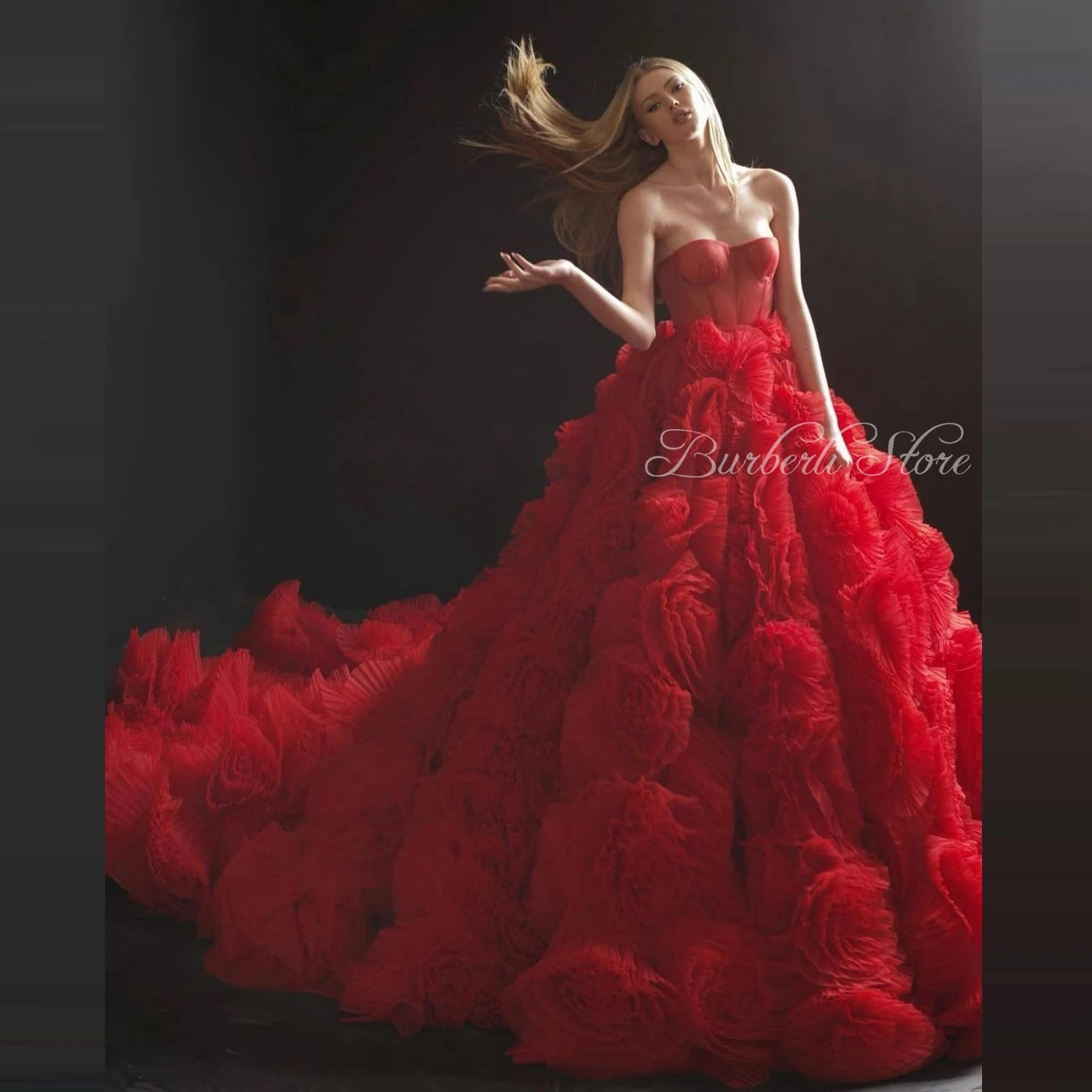 

Unique Red Floral Tulle A-line Prom Party Dress Gorgeous Flower Sweetheart Bridal Gowns To Wedding Party Luxury Women Dress