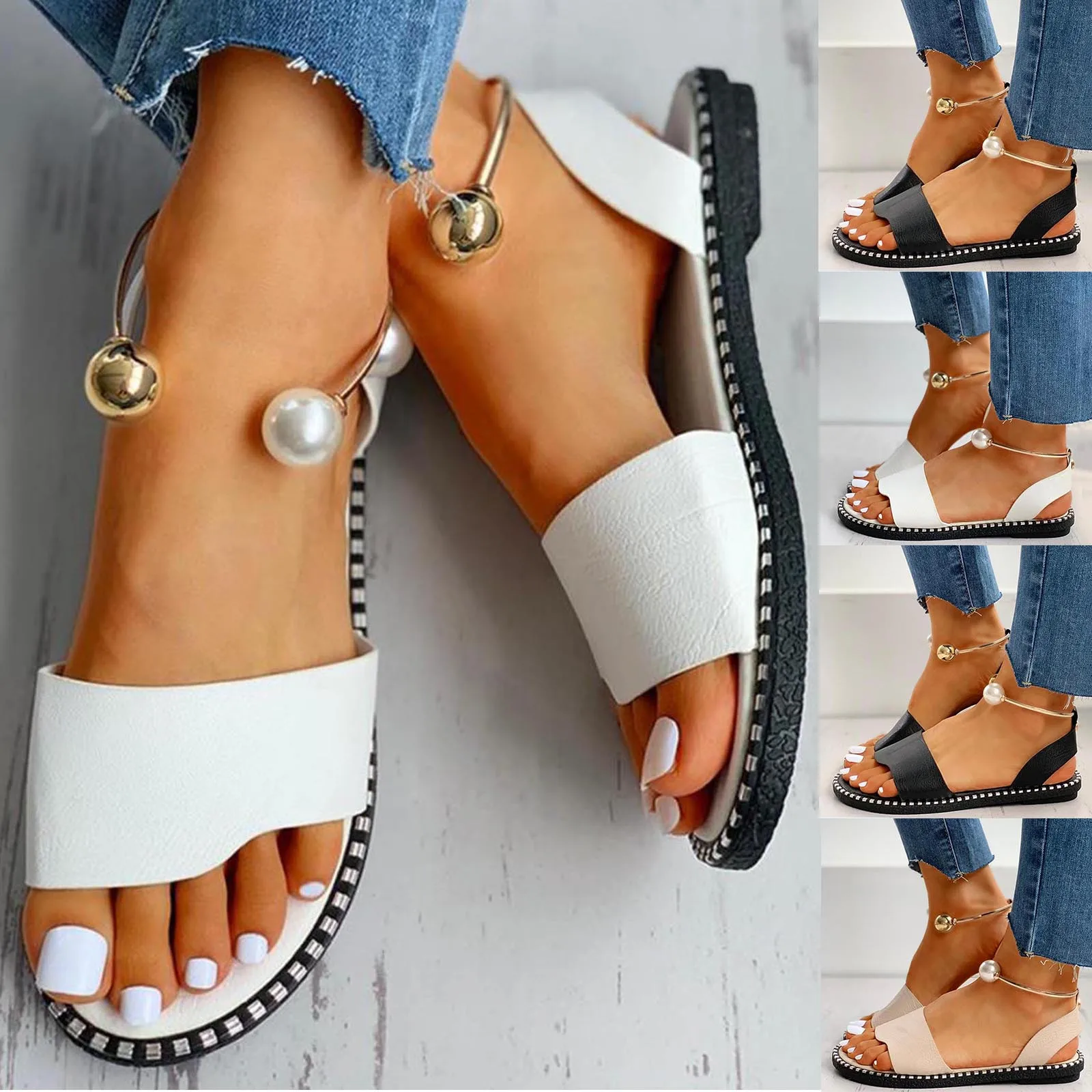 

Сандалии женские с жемчужной пряжкой, модная пляжная обувь, плоский каблук, повседневные уличные Босоножки с открытым носком, белые, лето 2021