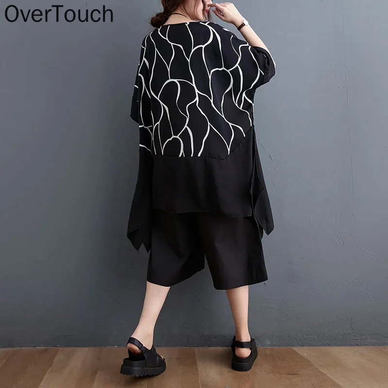 

2021 Plus Size Women T-Shirt White Bat Striped Print Patchwork Chiffon O-Neck Tops Shirt Loose Summer Solid New Tees 5XL