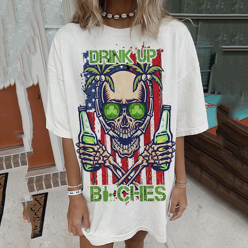 

Goth Graphic T Shirts Women Oversized Shirt Vintage Summer Letter Skull Print Loose White Tee Shirt Femme T-shirt Plus Size Tops