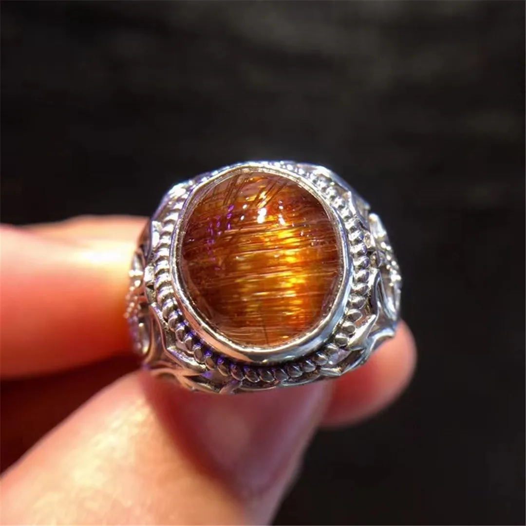 

Кольцо из натуральной меди с рутилированным кварцем для мужчин и женщин, регулируемое ювелирное изделие из стерлингового серебра с кристал...