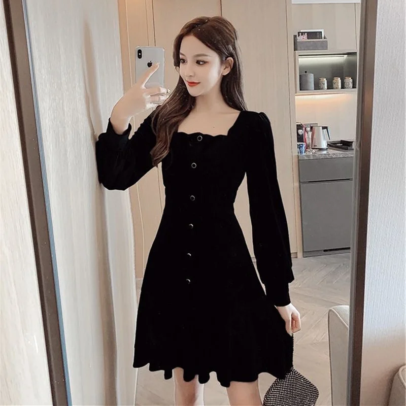 

Hepburn Style Little Black Dress Women's Autumn and Winter New Elegant Slimming Waist-Tight Western Style Ruffled Velvet Dress