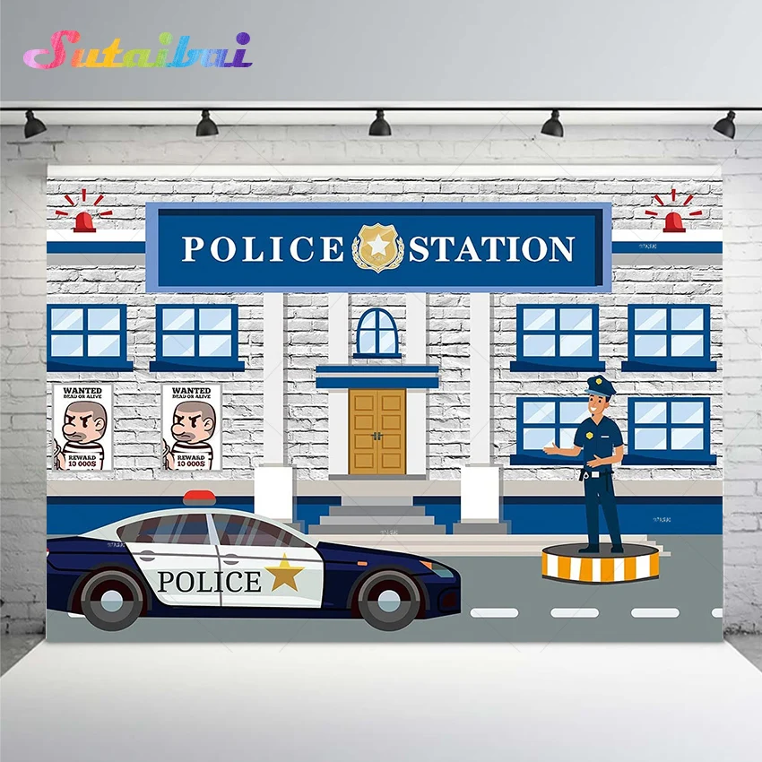 

Police Theme Party Photography Backdrop White Brick Wall Police Station Birthday Party Background Cake Table Decorations Banner
