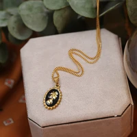 vintage epoxy black enamel elizabeth queen figure pendant 18k gold chains necklaces for women stainless steel jewelry for women