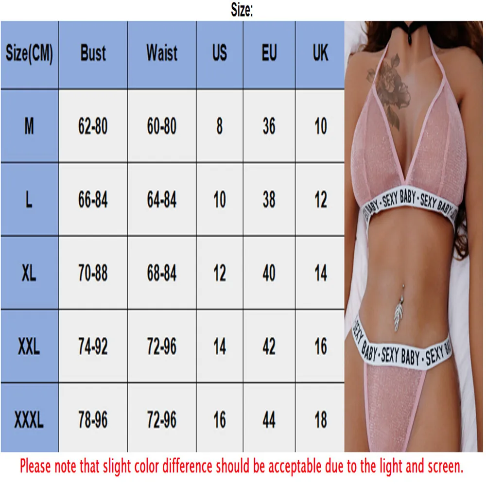 

Womens Sexy Lingerie see through Letter print Lace Top Bra Ladies Thong Underwear Set pink blue Nightwear Sleepwear Bra Set